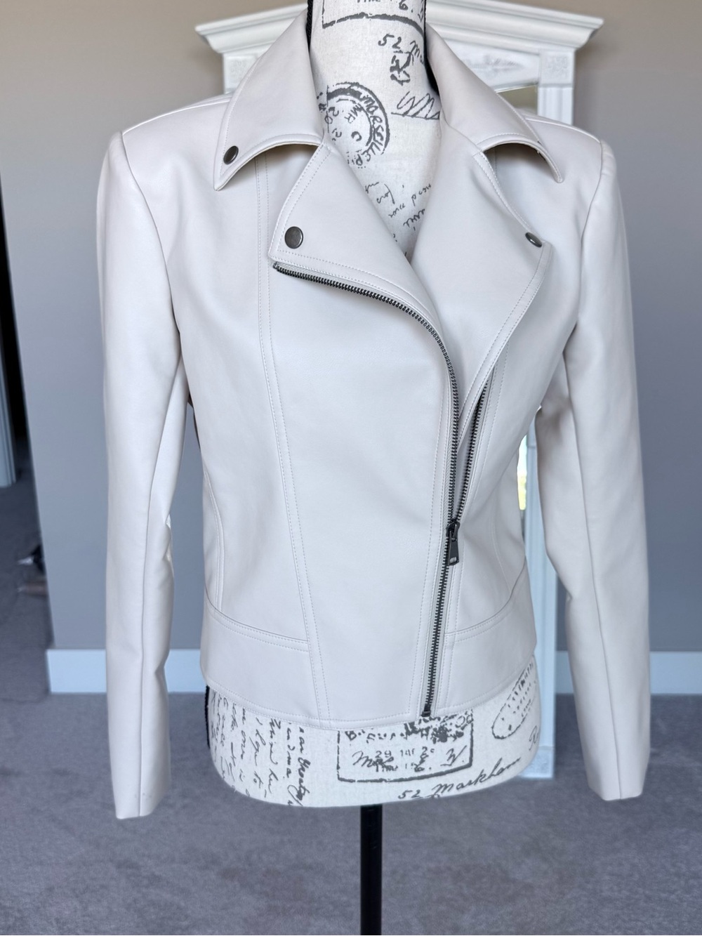 Cream Faux Leather Moto Jacket Minimalist Chic - XS